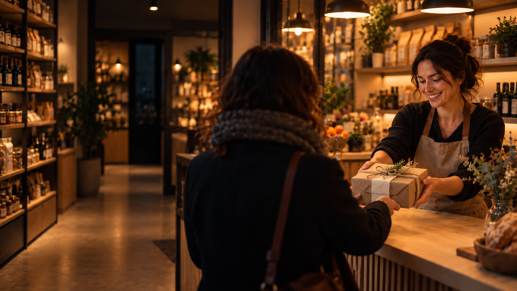 A shop owner handing a wrapped paper parcel across the counter to a returning customer at dusk